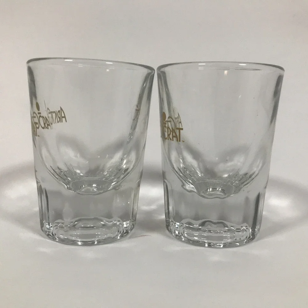 Aristocrat Vodka Shot Glasses Set of 2 Gold Logo Clear Fluted Base Barware